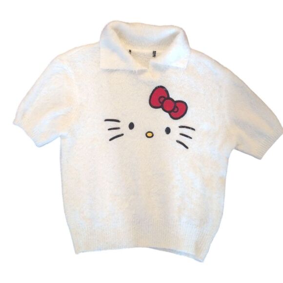 Dolls Kill X Hello Kitty Fuzzy White Eyelash Sweater Top Size S - Picture 2 of 14